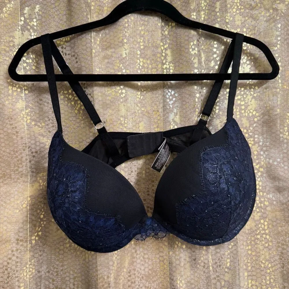 Victorias Secret Very Sexy Pushup Navy Blue Black Lace Rhinestone Bra 38DD